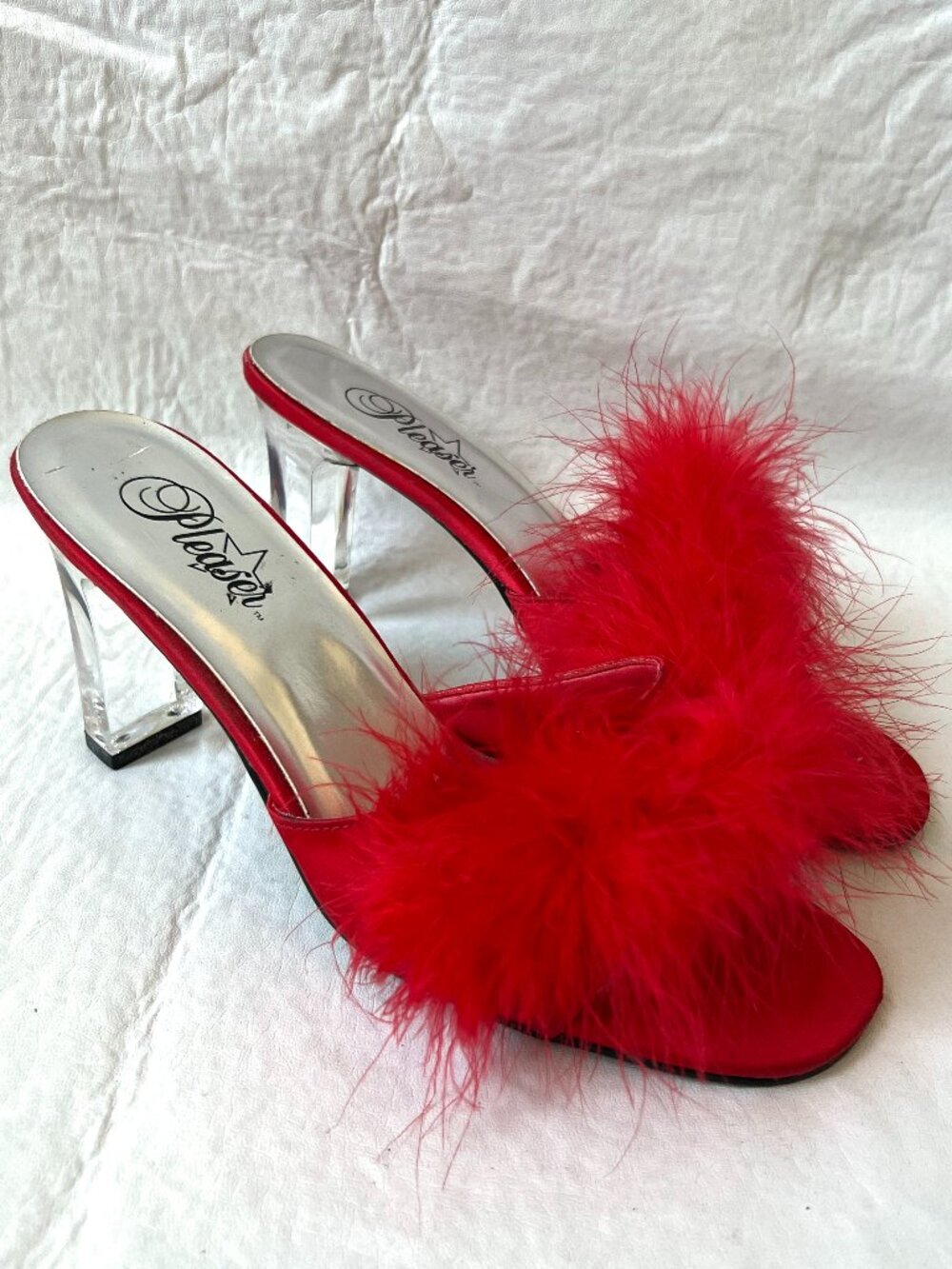 Pleaser high heels feathers womens 8 red satin clear plastic Romance-301 marabou